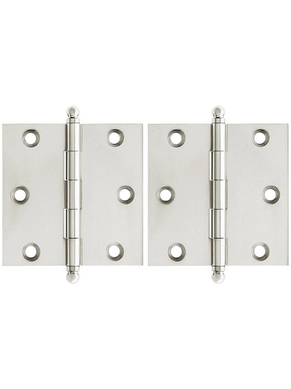 Premium Solid Brass Ball-Tip Cabinet Hinges Pair - 2 1/2 inch by 2 1/2 inch in Polished Nickel.